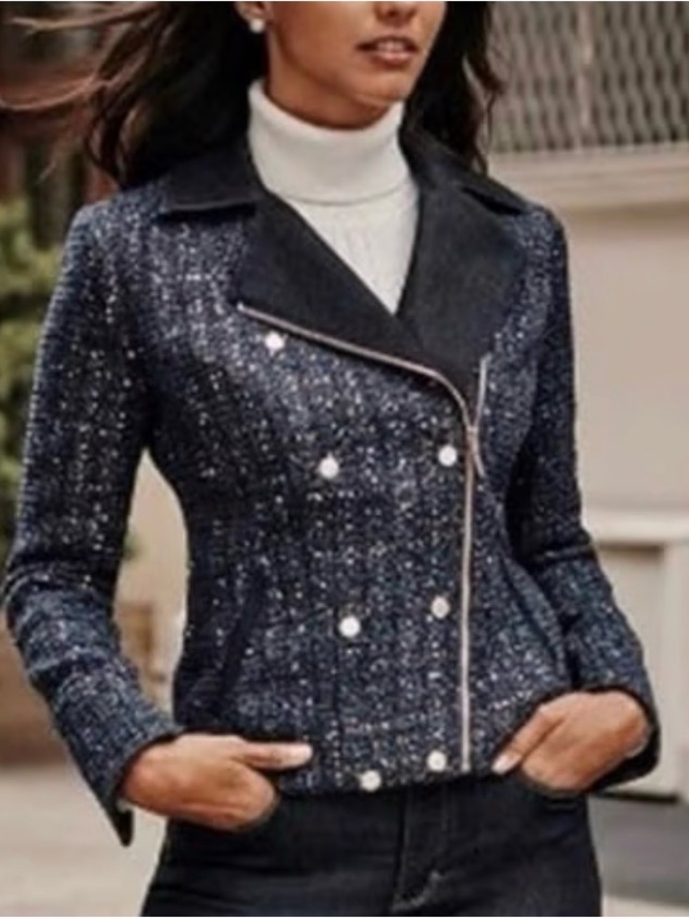 White House Black Market Quintessential Lurex Sequin Tweed Moto Jacket sz 10